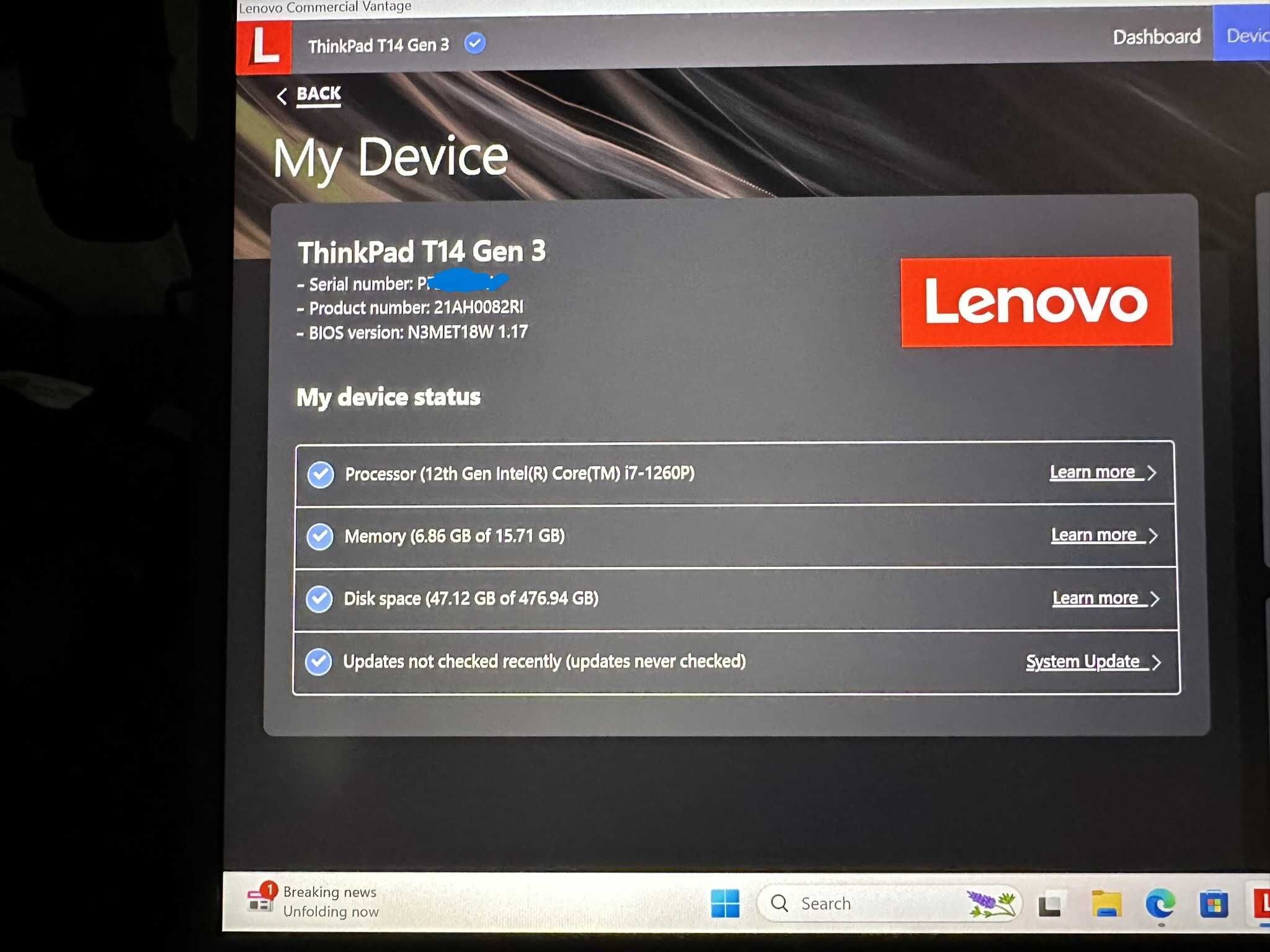 GARANTIE 3 ANI - Lenovo ThinkPad T14 Gen 3, i7-1260P, 16GB, 512GB ,W11