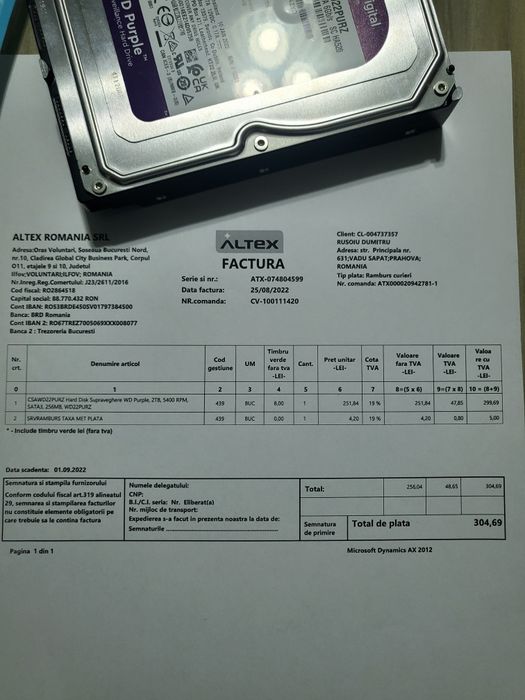 Hard-disk WD PURPLE NOU,HDD 2TB camere supraveghere