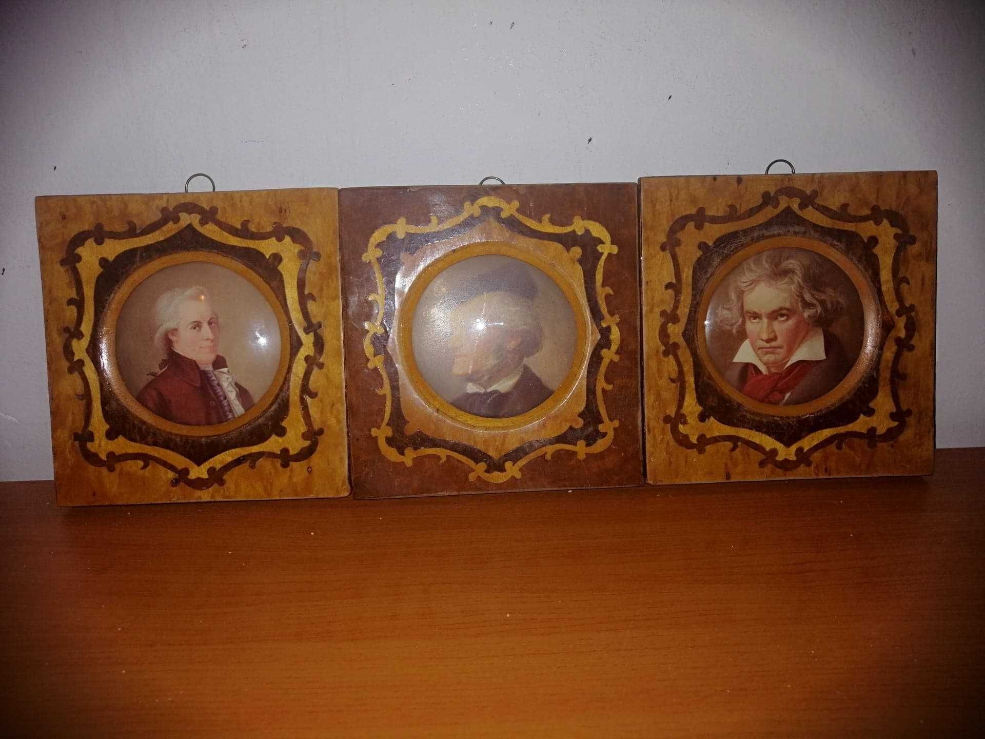 3x tablou miniatura rama lemn sticla curbata Beethoven Mozart Wagner