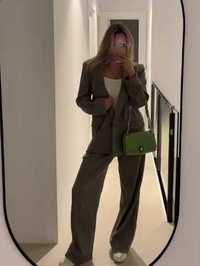 Zara херингбон широк дамски панталон с висока талия и ластик