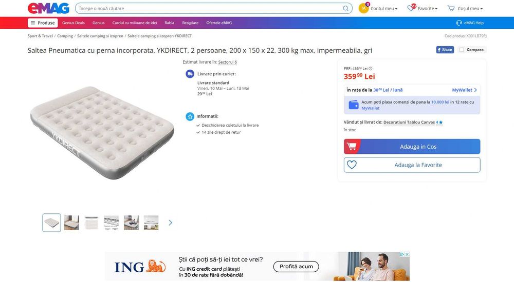 Saltea Gomflabila cu perna Camping 152/99x200x28cm,REDUS de la  360RON