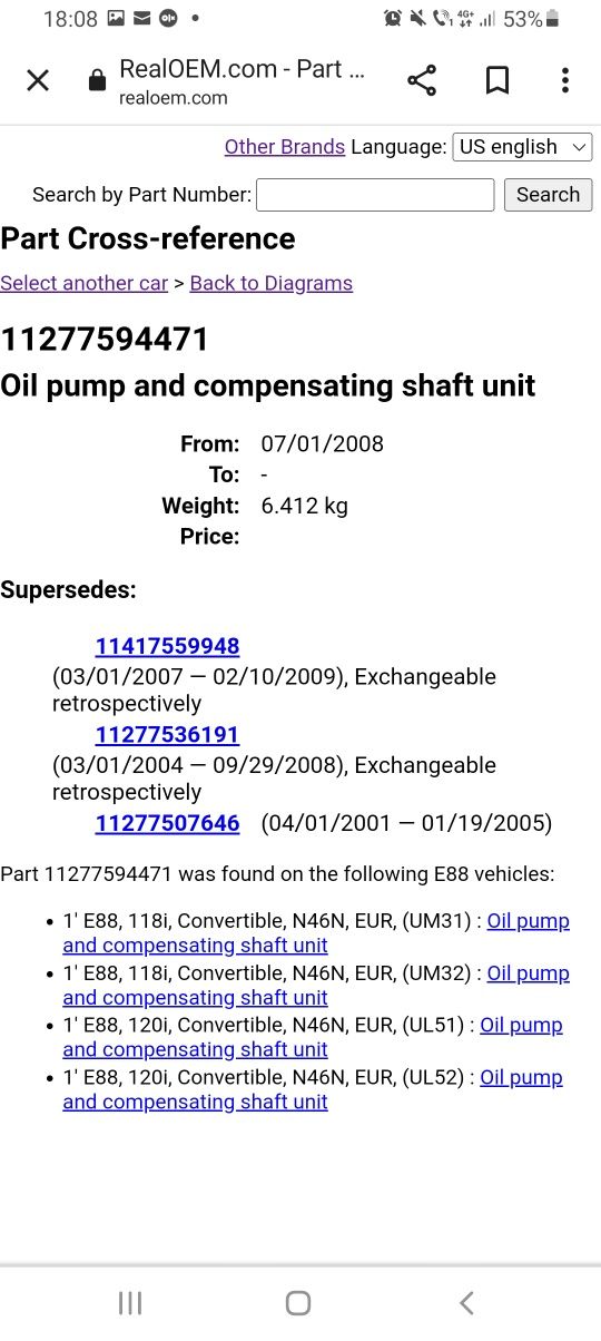 Pompa ulei bmw e81 e87 e90 e91 e92 e93 e60 e84 e85, n46, 2.0i, 0517603