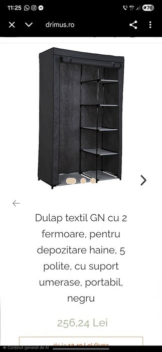Dulap textil GN cu 2 fermoare, pentru depozitare haine, 5 polite