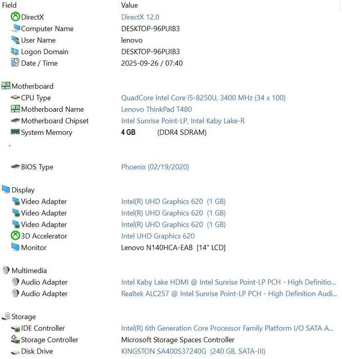Lenovo ThinkPad T480, I5-8250U ,14", Full HD, 240GB SSD incomplet