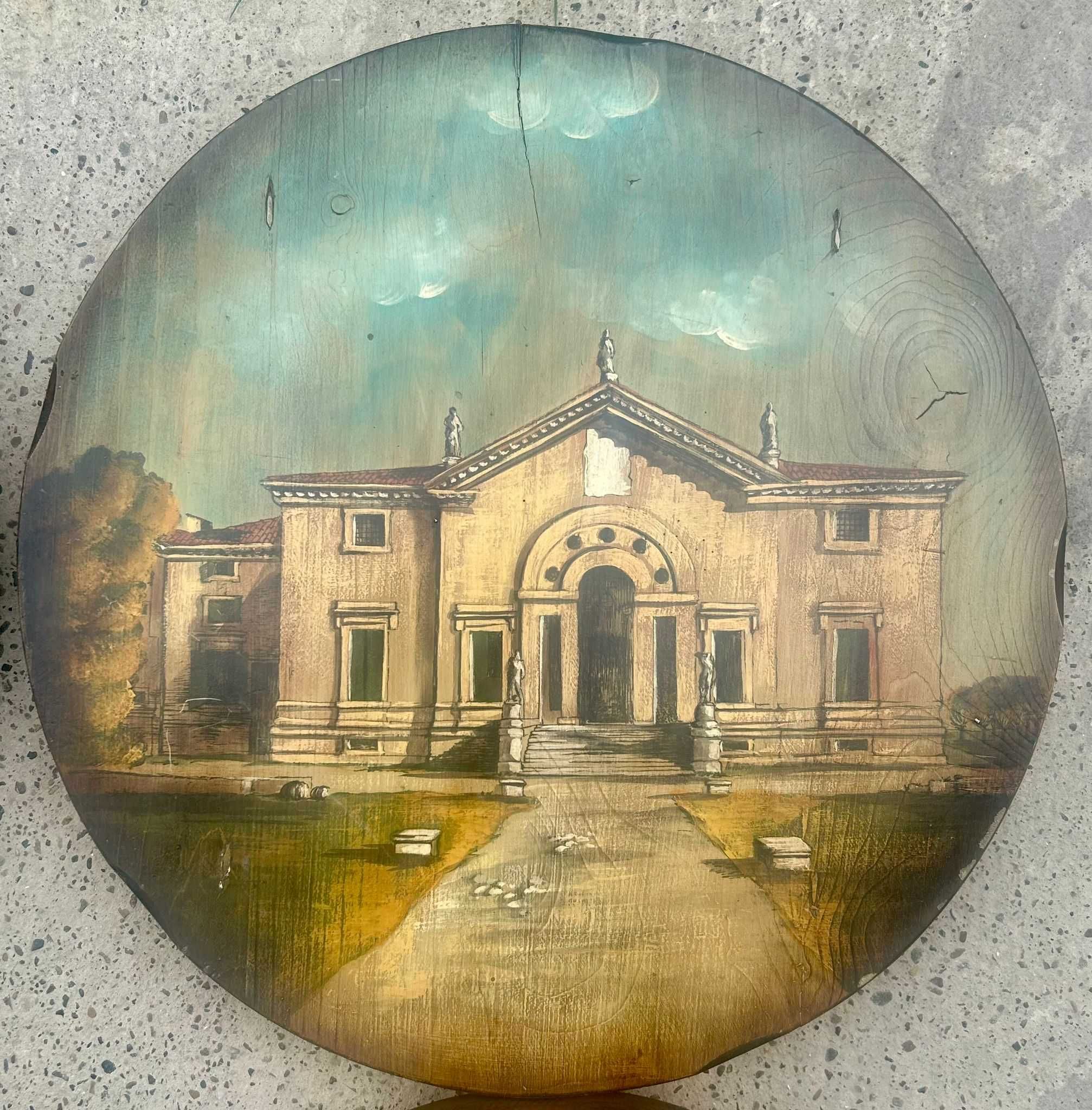 4 tablouri rotunde Cladiri si Peisaje Medievale, Picturi pe lemn 45 cm