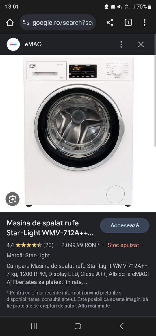 Masina de spalat rufe Star-Light WMV-712A++, 7 kg, 1200 RPM, Display L