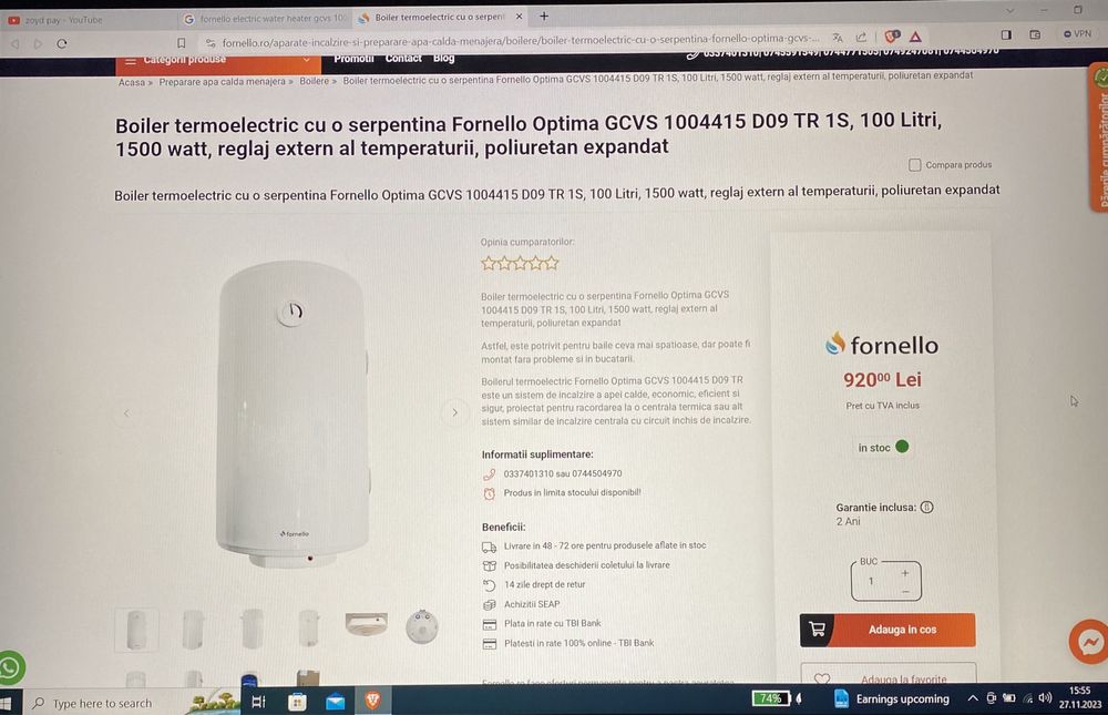 Boiler Fornello termoelectric cu o serpentina,100litri,1500watt