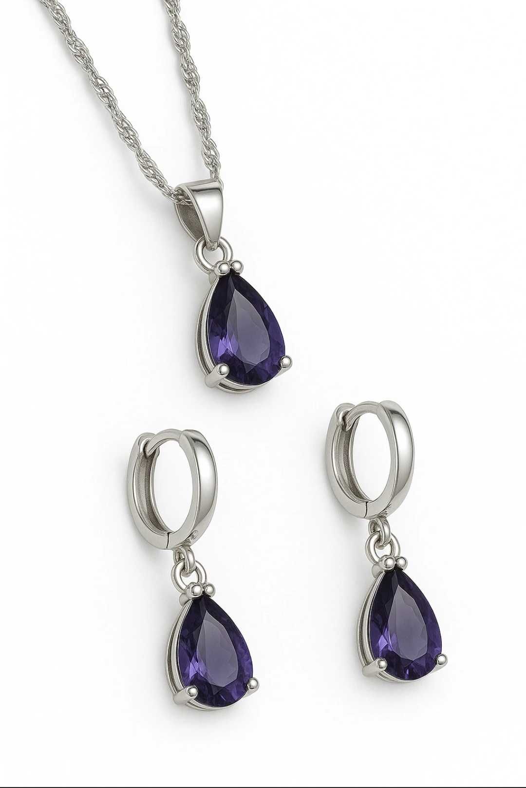 Bijuterii set, violet-ametist, înveșmântate în argint fin, marcat 925