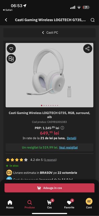 Casti Gaming Wireless LOGITECH G735, RGB, surround, alb