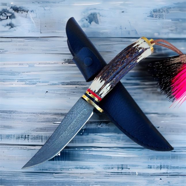 ловен нож с дамаска шарка и рогова дръжка  подходящ за ловец туризъм