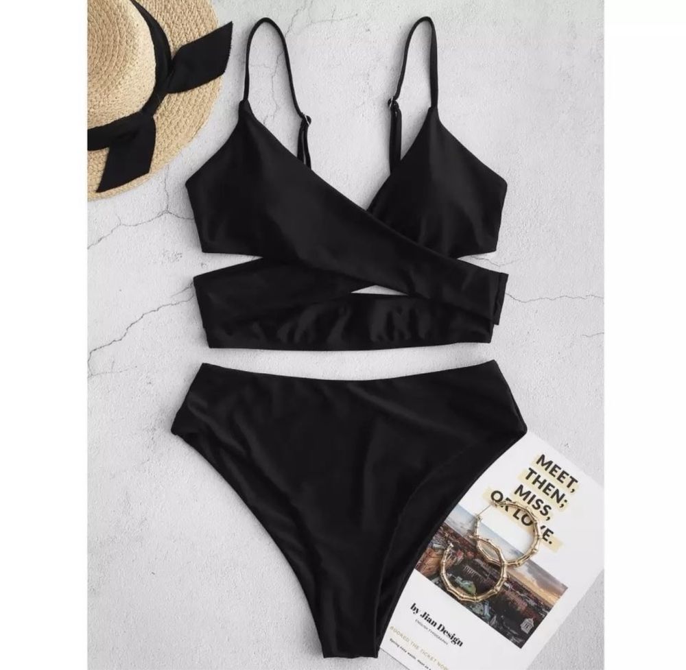 Costum de baie C121 Negru Talie Inalta Push Up Bretele High Waist