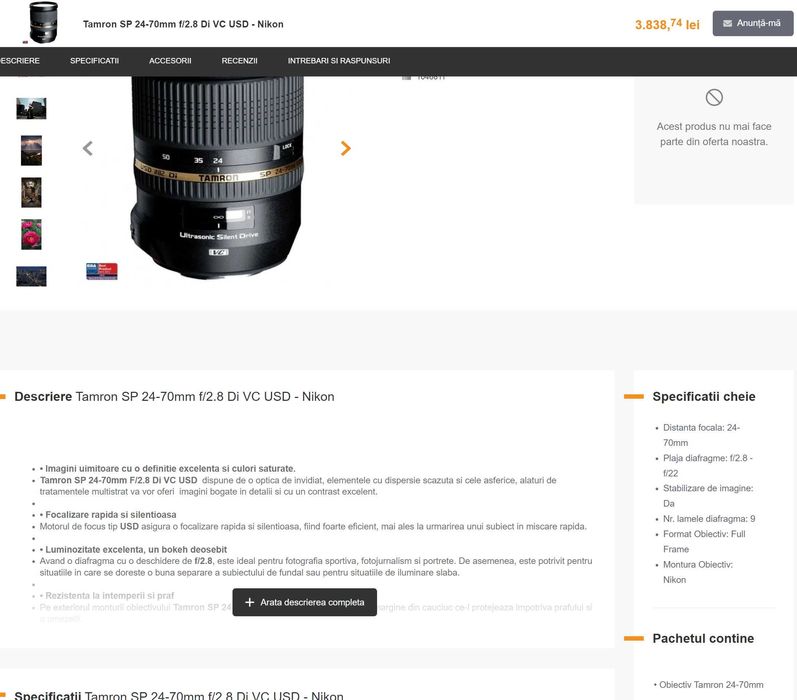 Obiectiv TAMRON 24-70mm f 2.8 SP DI VC USD WeatherSealed  - NIKON DX