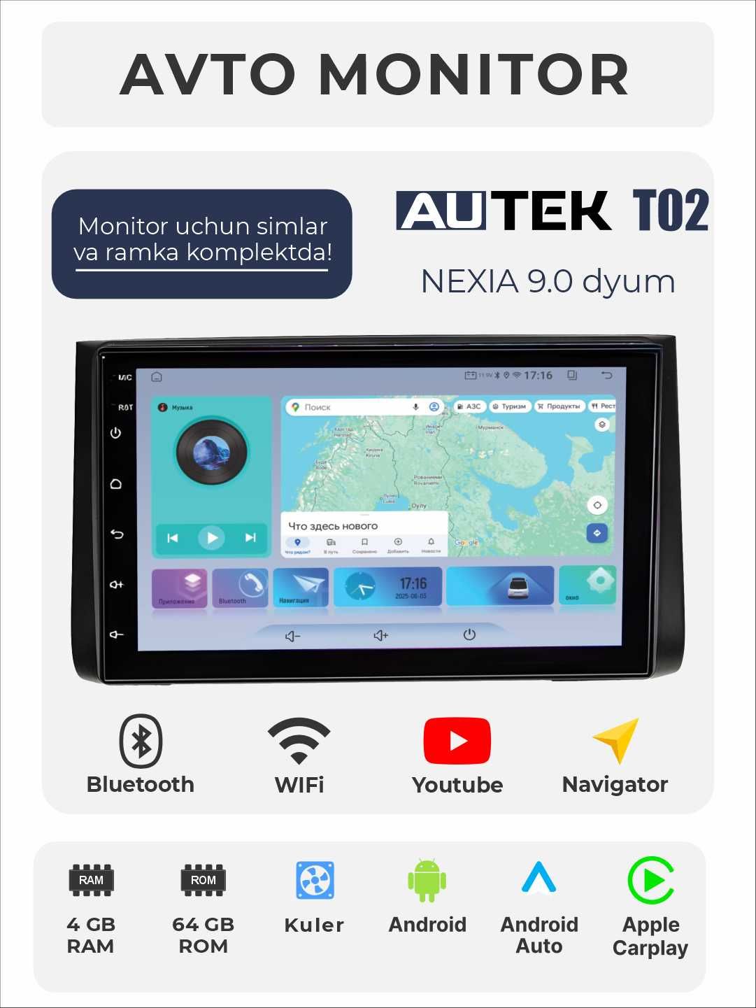 Avto monitor Tesla, AUTEK T 02, 9/10.2" QLED, 4+64 GB Wi-Fi kulerli.