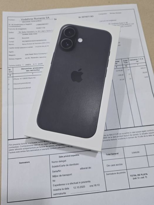 Iphone 16 5G Black 128Gb NOU Sigilat Factură 2 ANI GARANȚIE