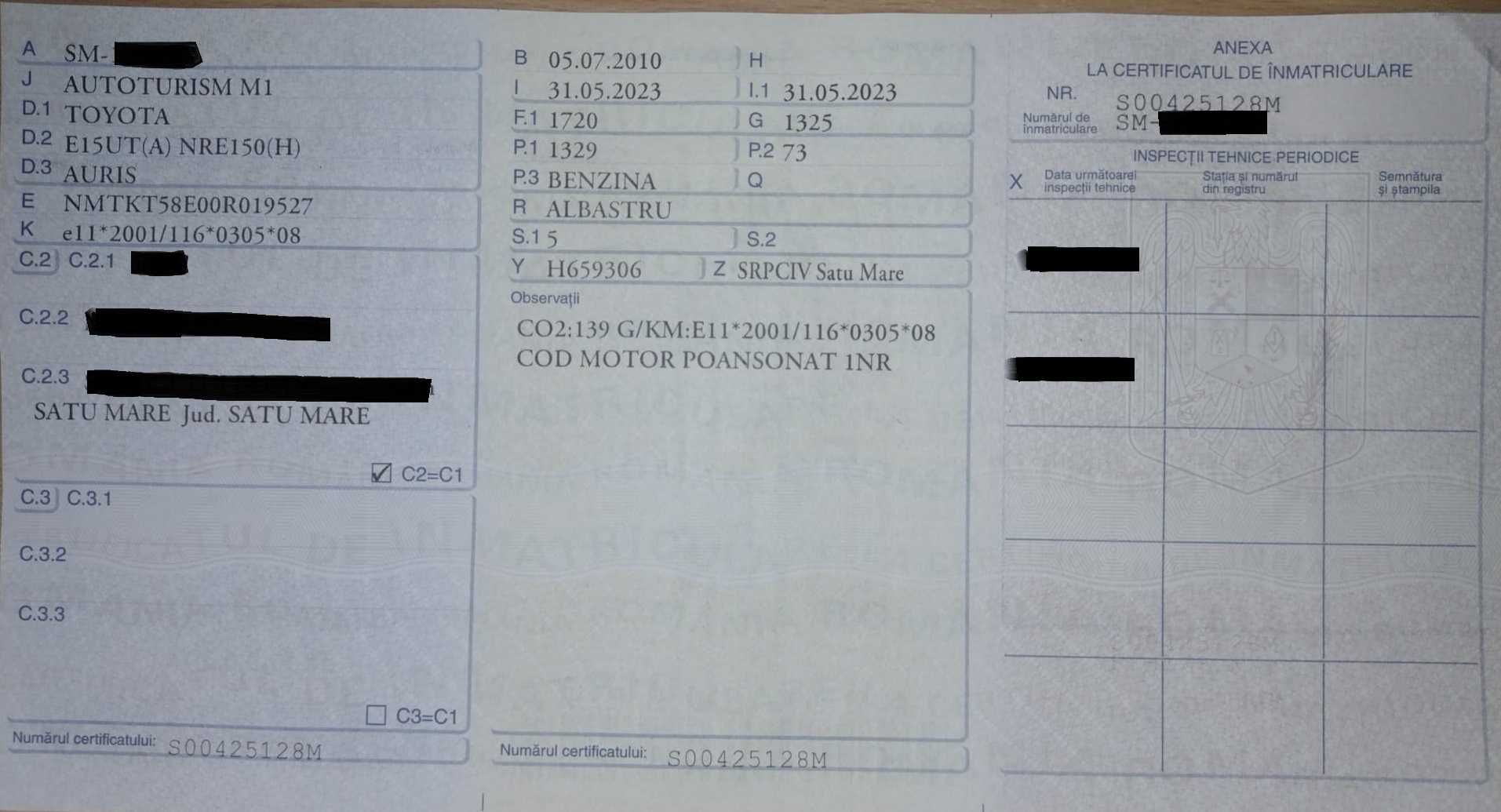 Toyota Auris , an 2010, benzina 1,3 ,  138000km, înmatriculata