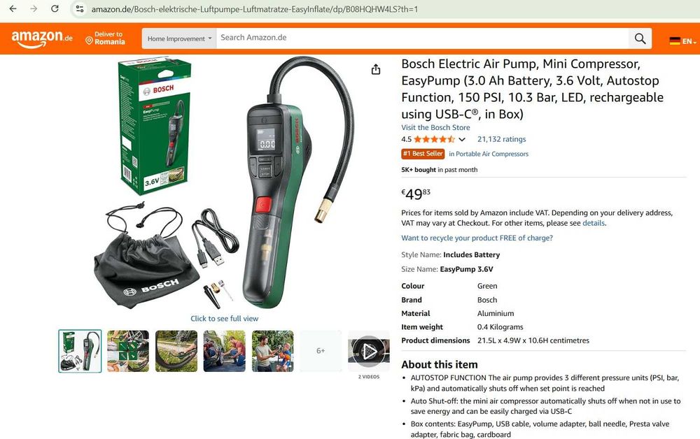 Bosch - Compresor pe acumulator 3.6V, cu baterie integrată, încărcător