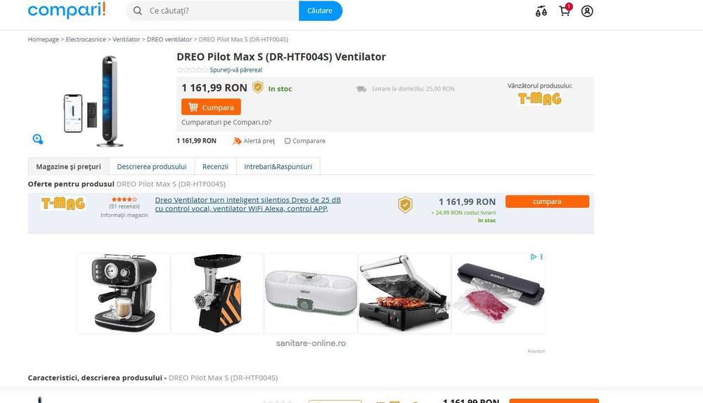 Dreo Ventilator turn inteligent silentios Dreo de 25 dB control vocal