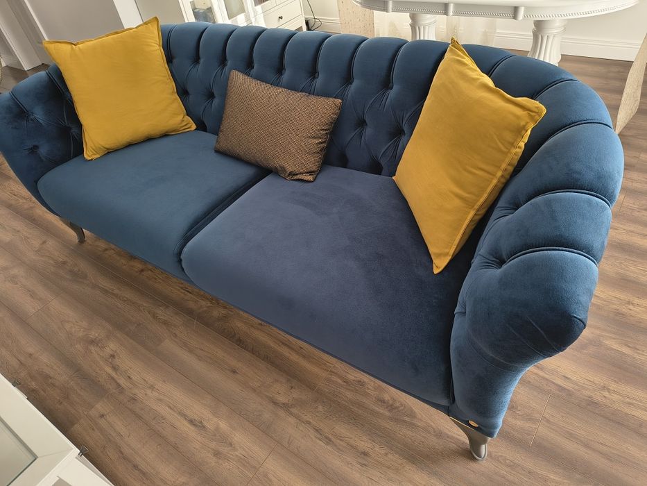 Canapea Chesterfield catifea albastru regal, 3 locuri+fotoliu