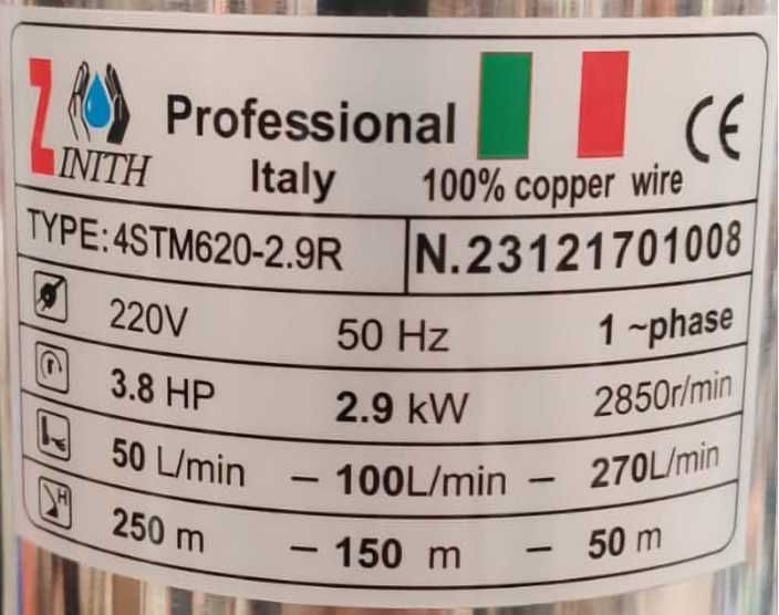 Pompa de apa submersibila Zinith Italiy 4STM620, 2.95KW, 270 l/min