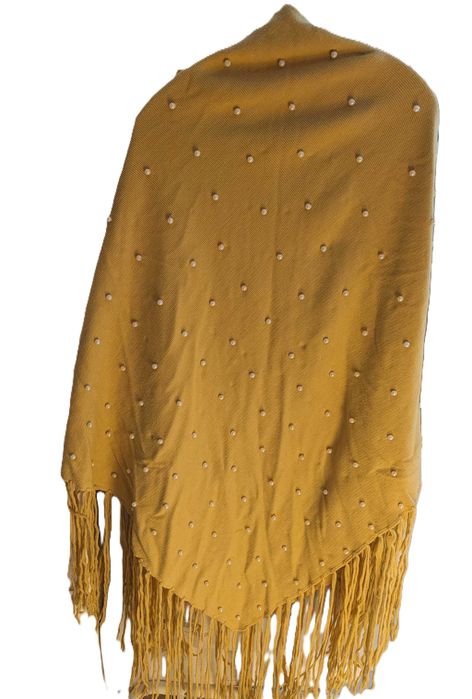 Sal tricotat cu perle și franjuri, galben mustar/bej, nou