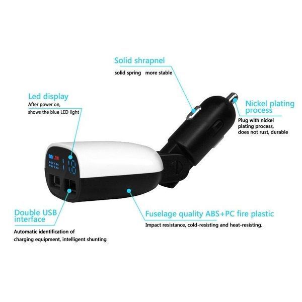 Зарядно за запалка HAWEEL 3.4A двоен USB порт LED дисплей с въртяща се