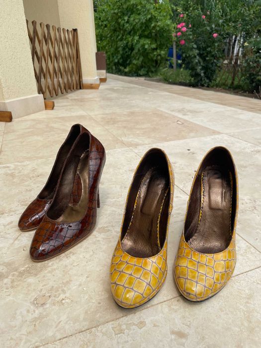 pantofi stiletto din piele de crocodil, premium, maro si galbeni, 36