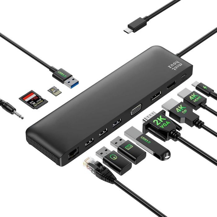 Докинг станция Minthouz, 12 в 1 USB C, VGA+HDMI+DP, 4*USB-A