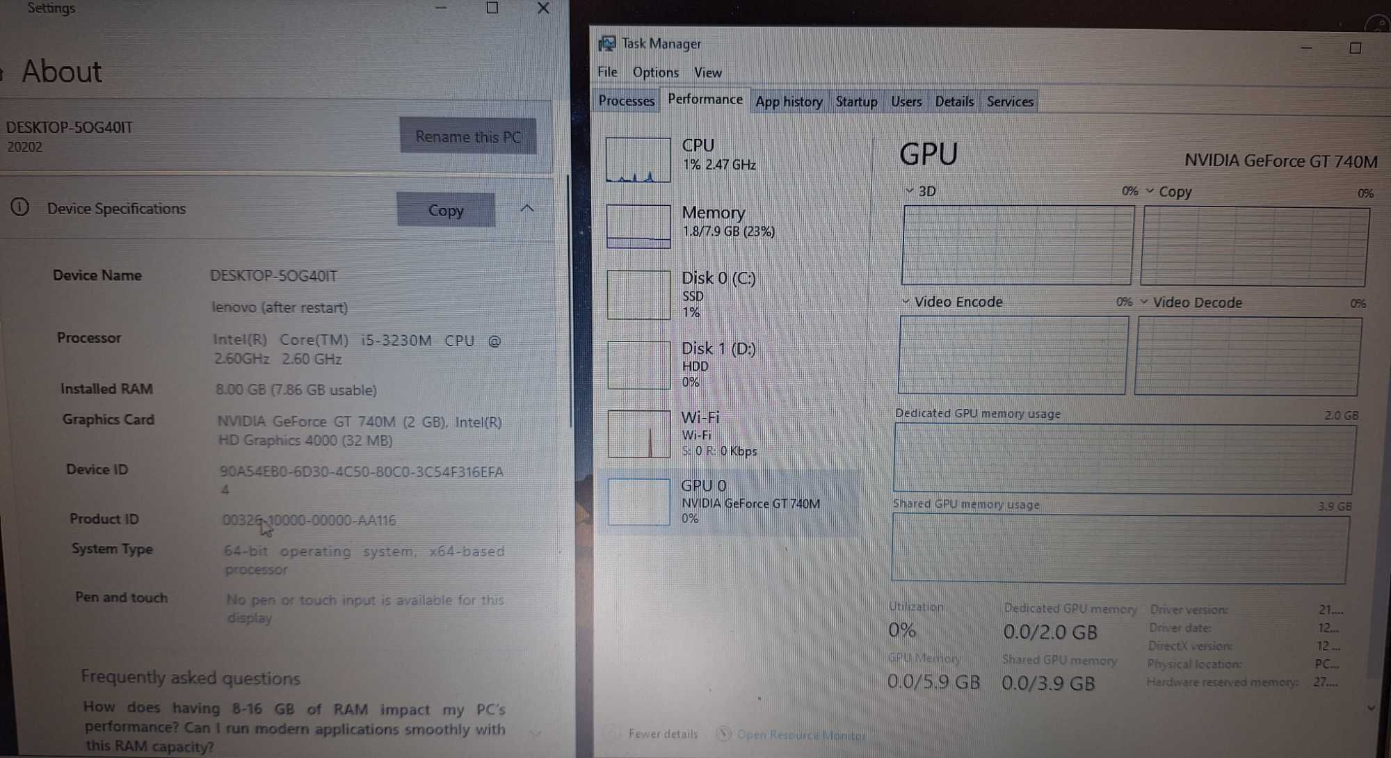 15.6' Lenovo Intel Core i5-3230M/Nvidia 740M 2GB/8GB/128GB SSD+1000GB