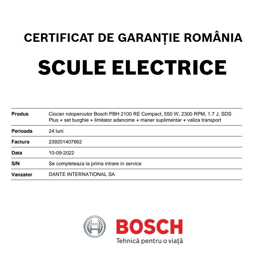 Ciocan rotopercutor Bosch PBH 2100 RE Compact, 550 W, 2300 RPM, 1.7 J