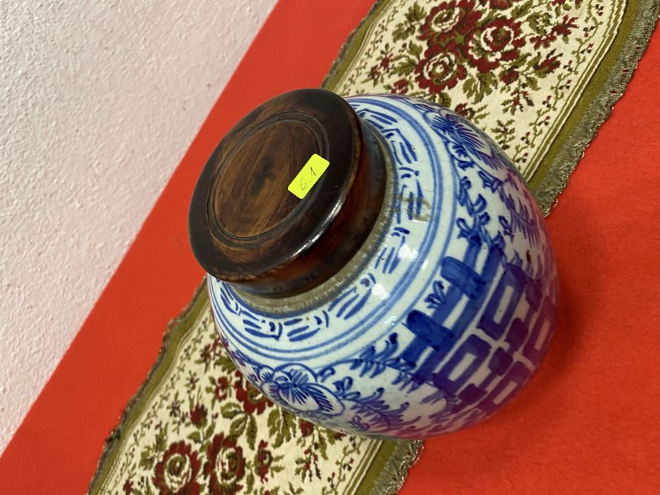 Китайски буркан Double Happiness синьо бял винтидж 1900 г