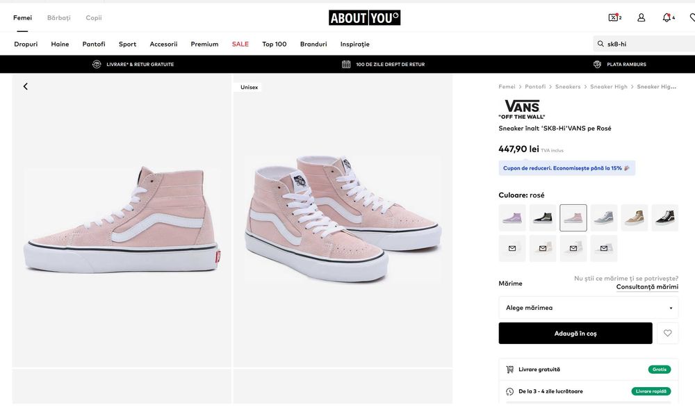 Adidas pantof Sneaker înalt 'SK8-Hi' VANS pe Rose/roz unisex 39