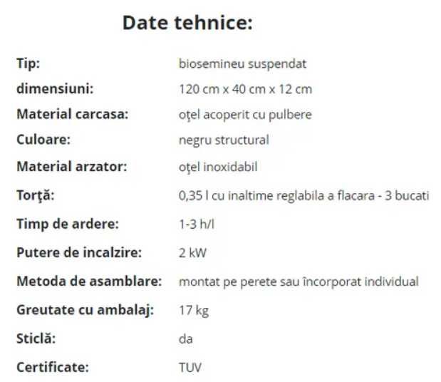 Semineu cu bioetanol suspendat 1200x400,cu sticla,din otel inoxidabil!