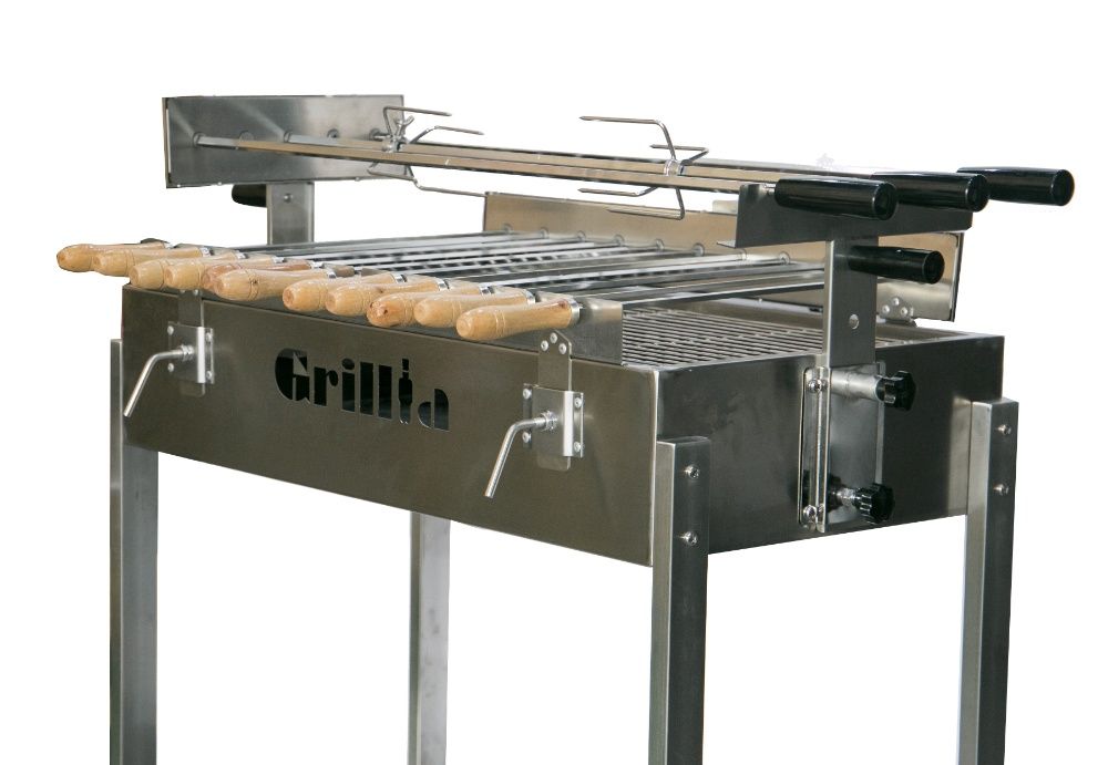 Gratar carbune BBQ FULL INOX, 3 rotiserie in linie si 11 frigarui