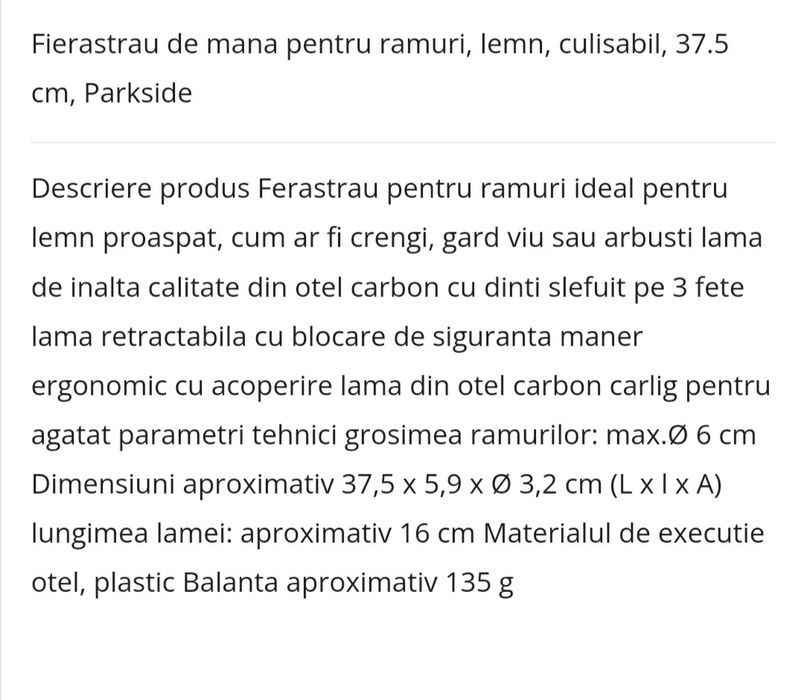 Fierastrau de mana pentru ramuri, lemn, culisabil, 37.5 cm, Parkside