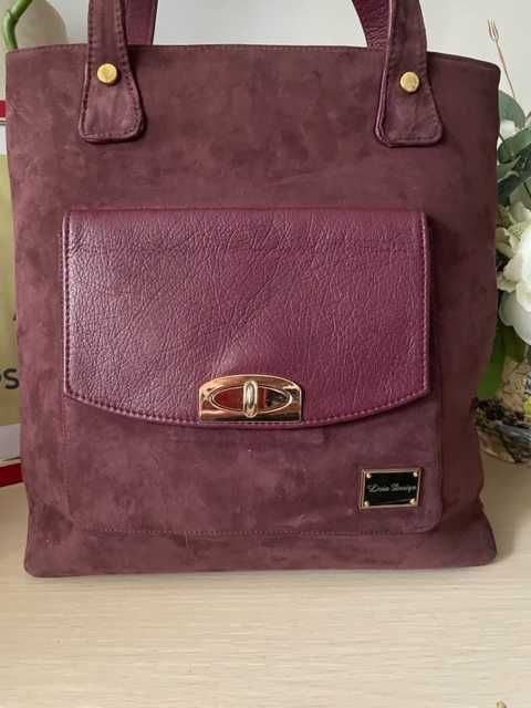 Geanta piele naturala si piele intoarsa bordo/ visinie