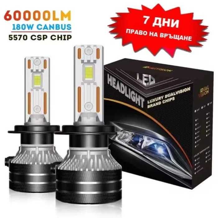 Лед крушки H7, H4, H1, LED | Canbus 180W 60000LM | Гаранция 6 месеца
