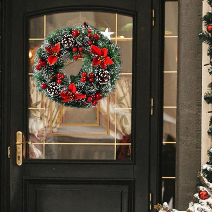 Коледен венец за декорация с шишарки и изкусветни коледни звезди