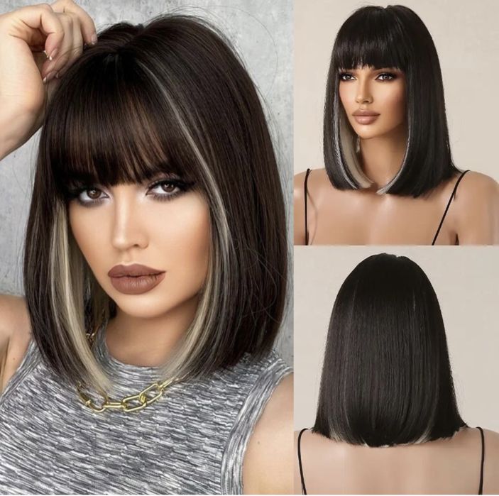 Peruca S112 Bruneta cu Breton Baza Blonda Bob Lung