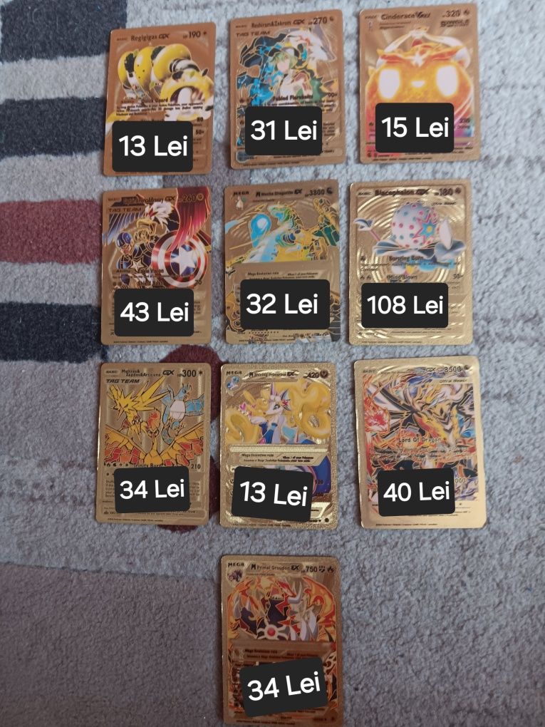 Vand 54 de cartonașe Pokemon originale+ pachetul lor, înveliș de aur
