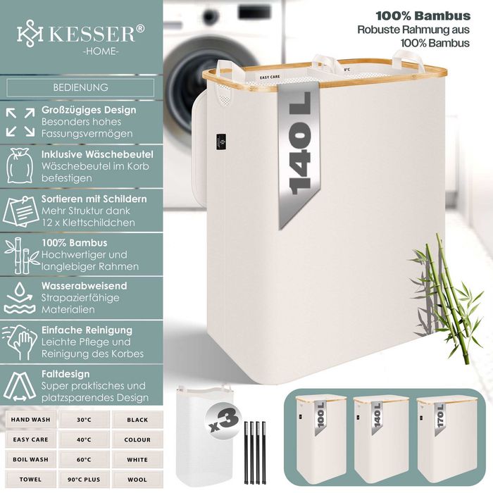 KESSER® Кош за пране с капак 2 отделения Сгъваема 140-литра