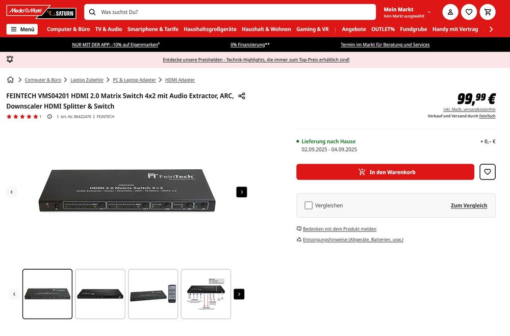 FEINTECH VMS04201 HDMI 2.0 Matrix 4x2 cu ARC și extractor audio- NOU