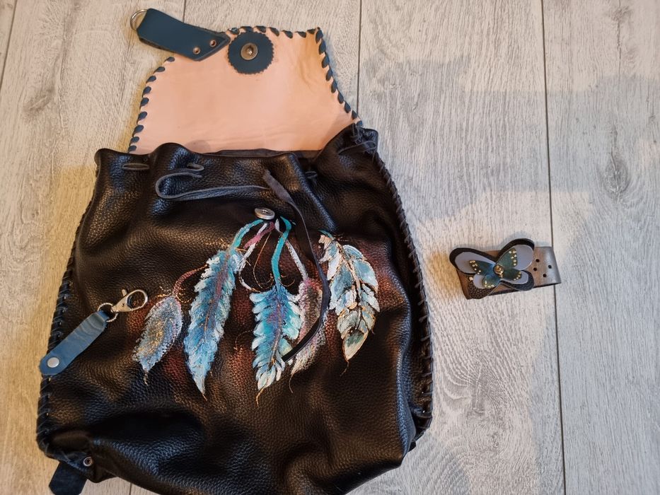 Rucsac din piele naturala pictat manual