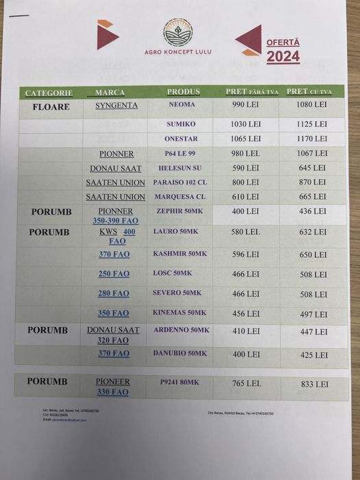 Oferta seminte porumb si floare