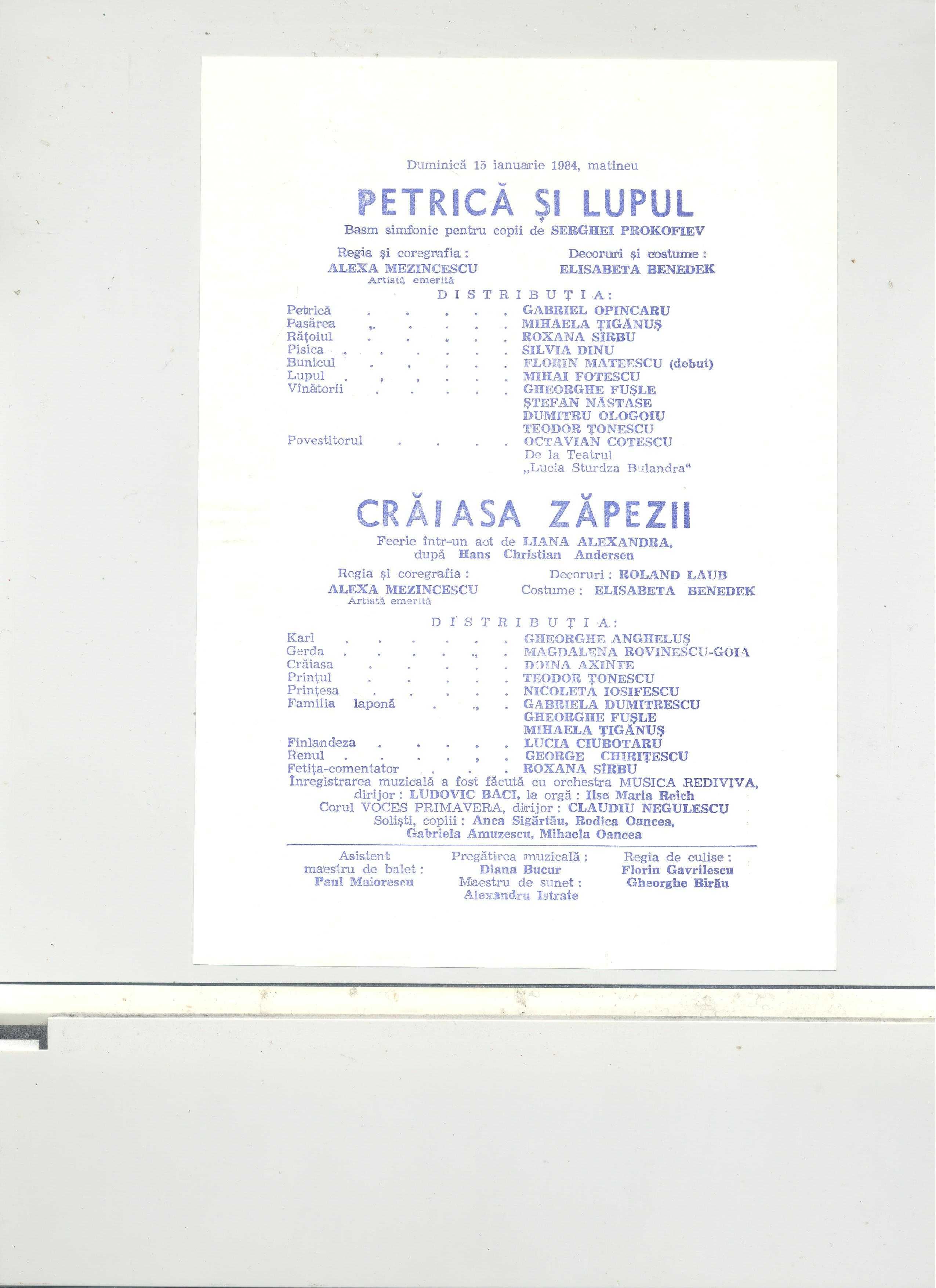 Program Opera Romana Craiasa Zapezii si petrica Lupul ; 1982