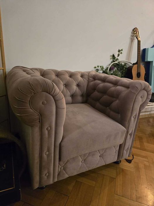 Fotoliu Chesterfield, fix, stofa, roz prafuit