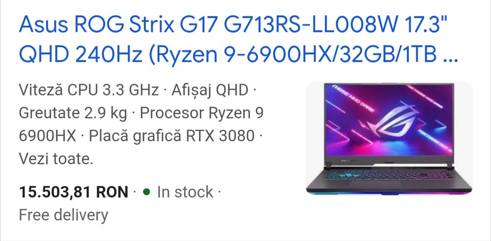 [Laptop Gaming Asus ROG] AMD RYZEN 9, RTX 3080, 32Gb DDR5, 2K 240Hz