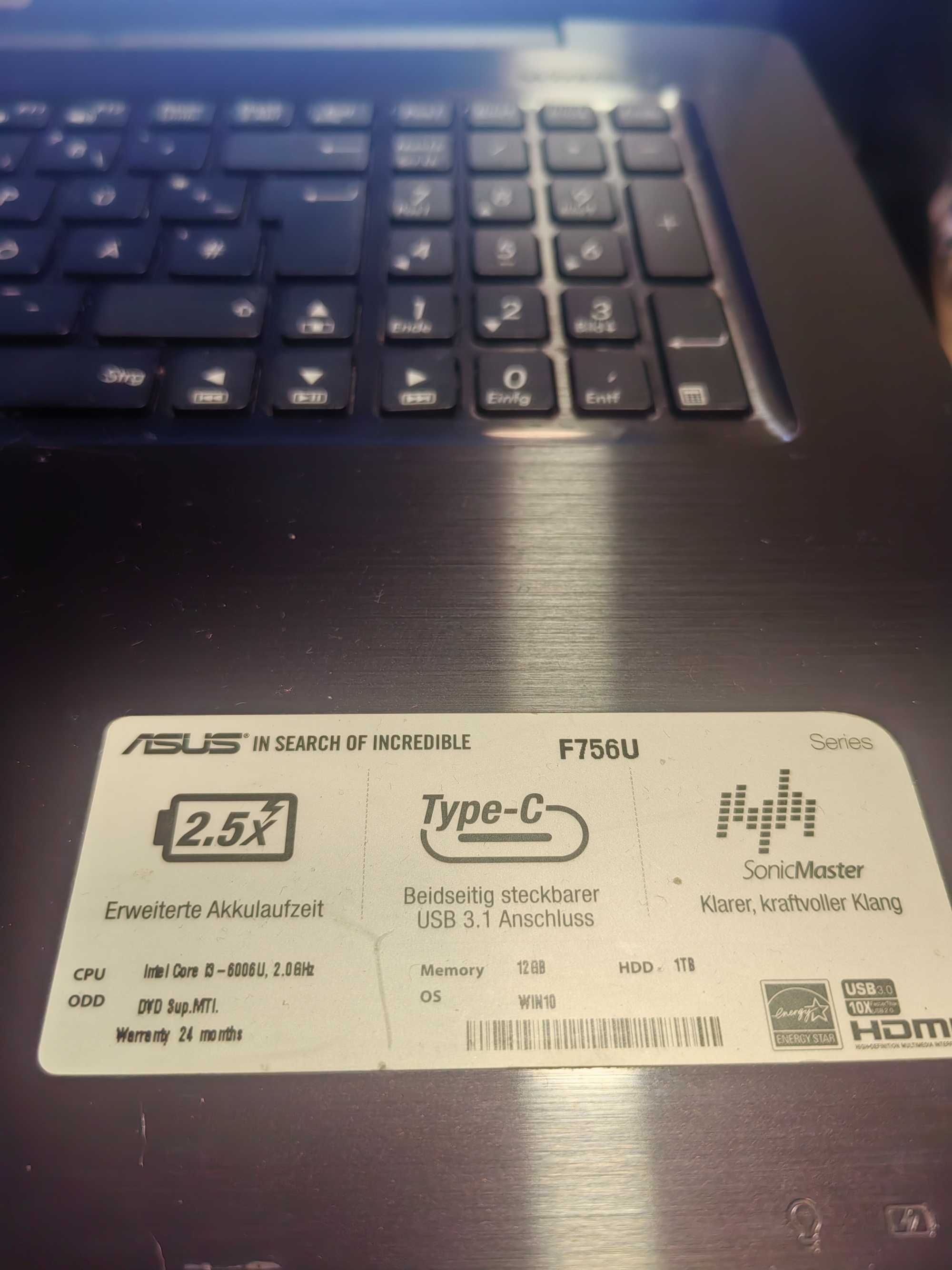 Лаптоп Asus F756U 12RAM/17.3/256SSD