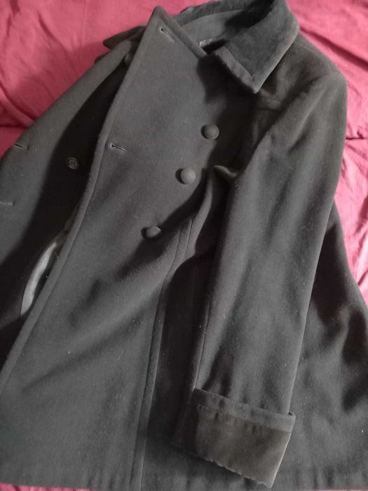 palton dama din lana negru trei sferturi marime 48, L merge si XL