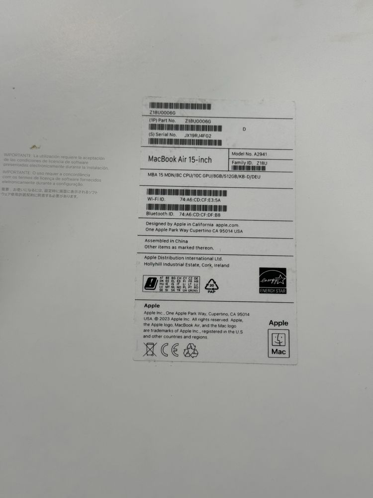 Apple MacBook Air 15inch A2941 8gb/ssd 512gb nou sigilat