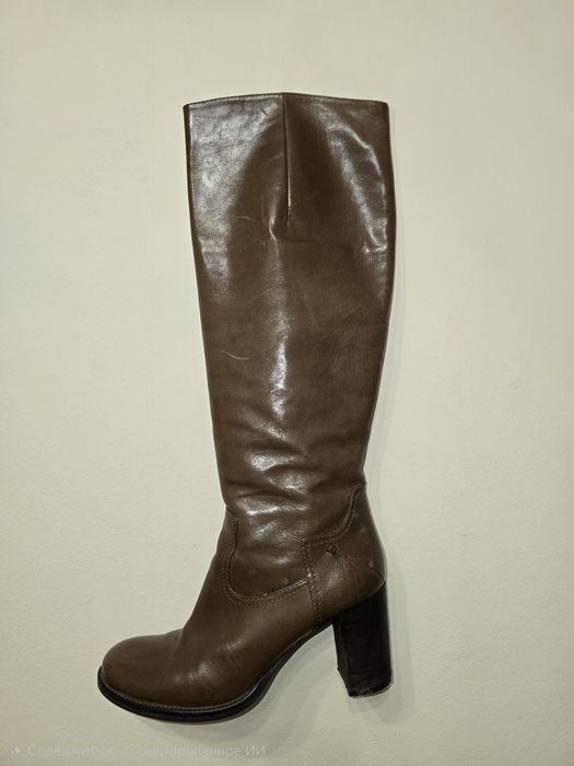 Зимние турецкие кожаные сапожки на каблуке, коричневые